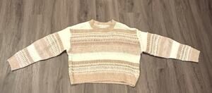 Lush Cream Taupe Striped Open-Knit Women’s Crew Neck Pullover Sweater S